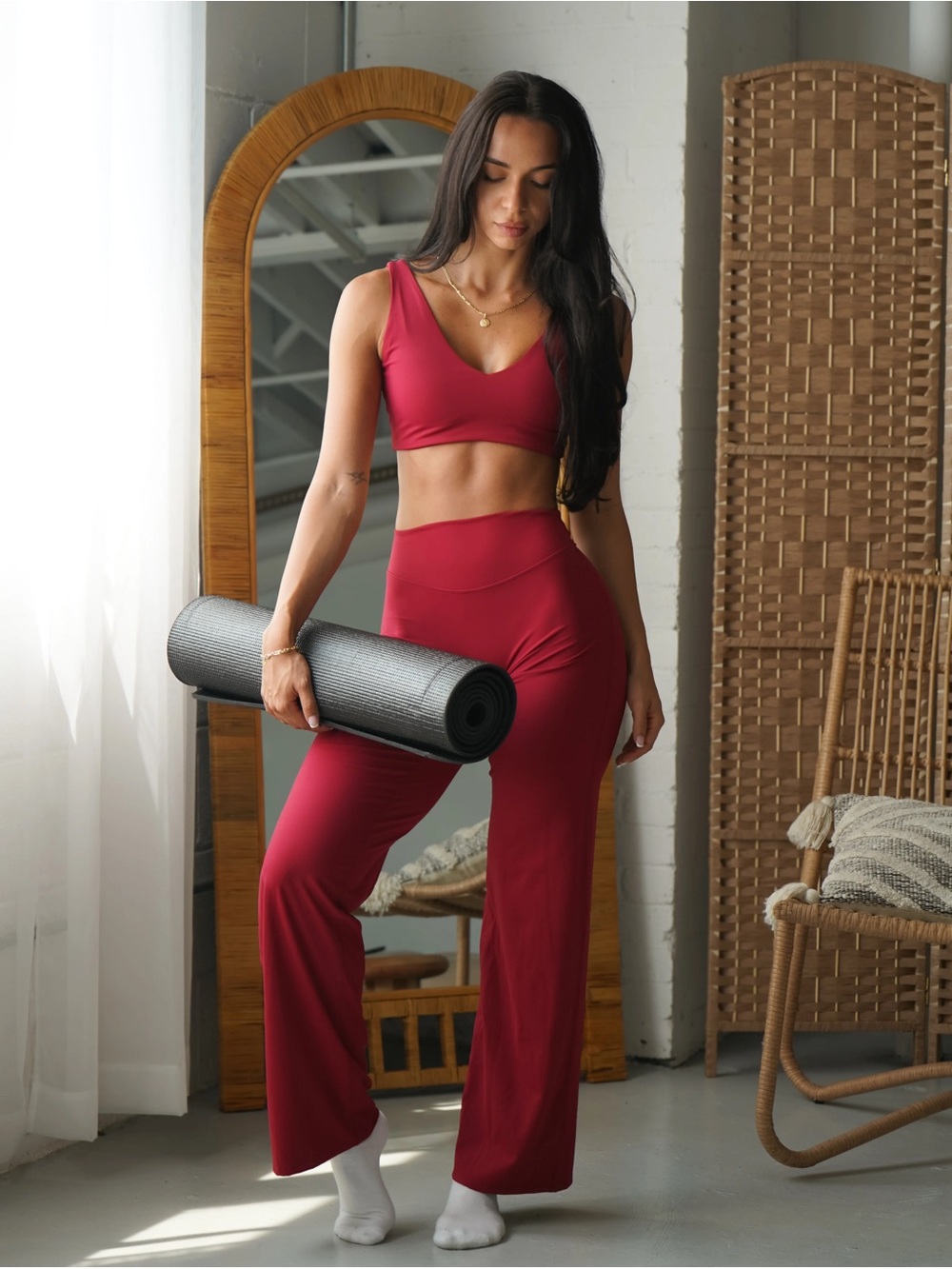 Red leggings and sports bra